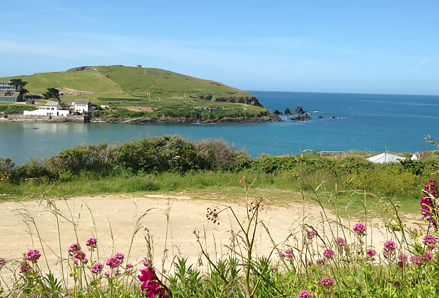 view of bigbury car parking looking out to burgh island.
