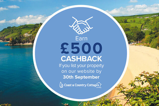 500 cashback offer for Coast & Country Cottages.