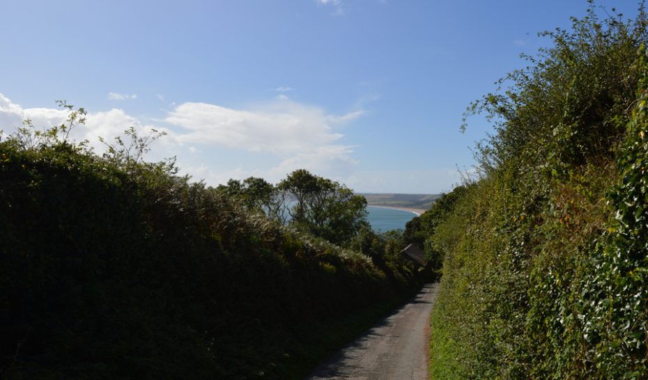 A view down the hill towards the A379 and Start Bay
